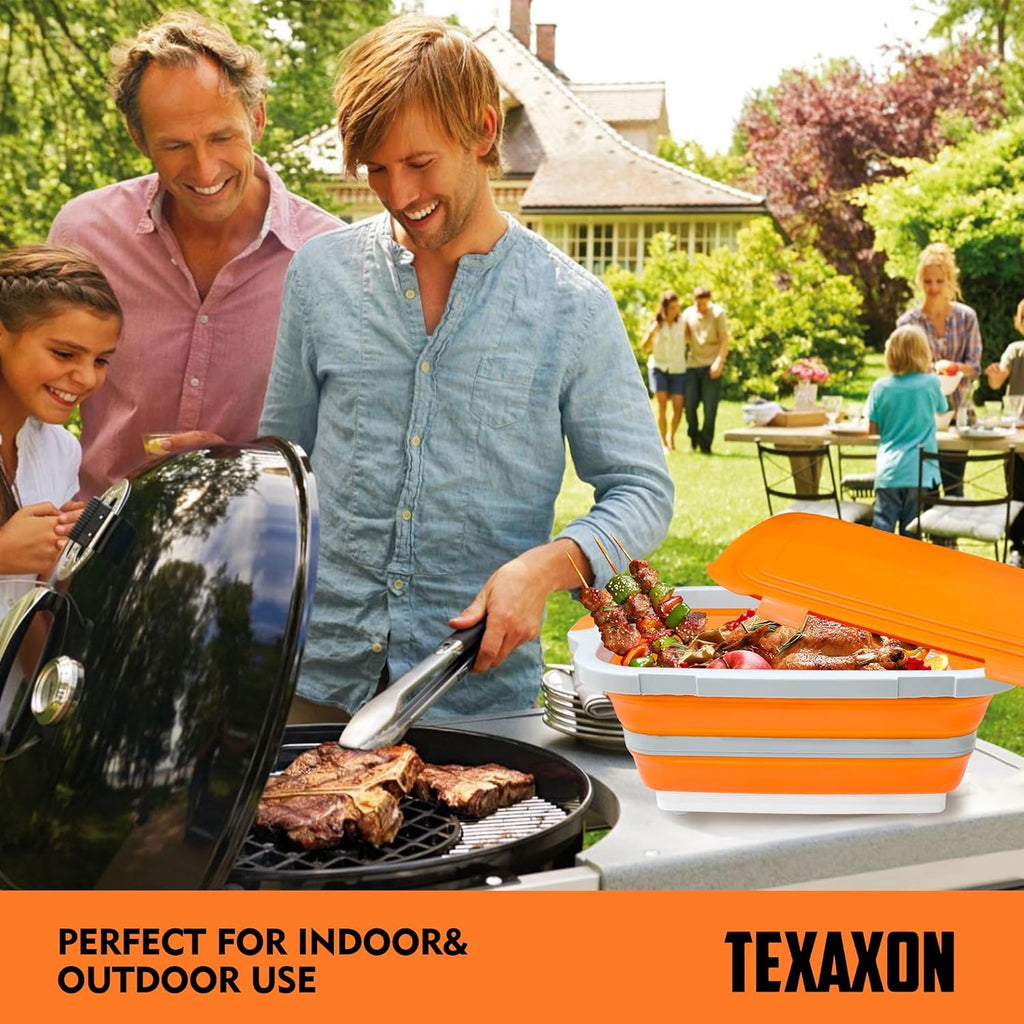 8L/16L BBQ Prep Tub with Cutting Board, Lid & Complimentary Mitts/Gloves – Collapsible Bucket for BBQ, Marinade, Picnic, Camping, Meat Prep – Orange/Black (Orange, X-Large Lid Lock)