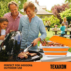 8L/16L BBQ Prep Tub with Cutting Board, Lid & Complimentary Mitts/Gloves – Collapsible Bucket for BBQ, Marinade, Picnic, Camping, Meat Prep – Orange/Black (Orange, X-Large Lid Lock)