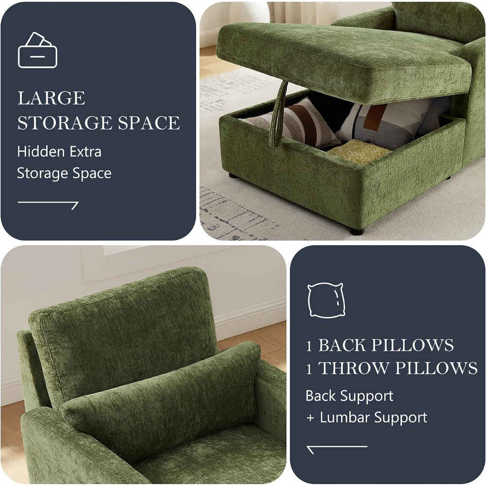 63.8" Oversized Chaise Lounge Chair with Storage, Chenille Green