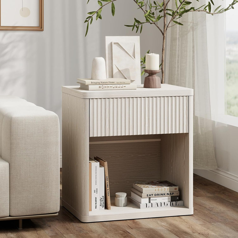 LubanNese Fluted Nightstand with Drawer, Modern Night Stand, Bed Side Table w...