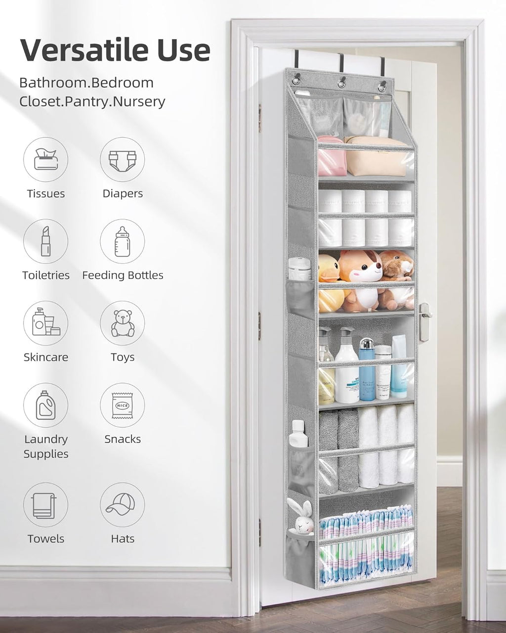 STORAGE MANIAC Over the Door Organizer 6-Shelf Closet Hanging Storage with 14 Mesh Pockets, 66lbs Capacity Clear Deep Pockets Behind Door Storage for Nursery, Bathroom, Bedroom, 1 Pack Grey