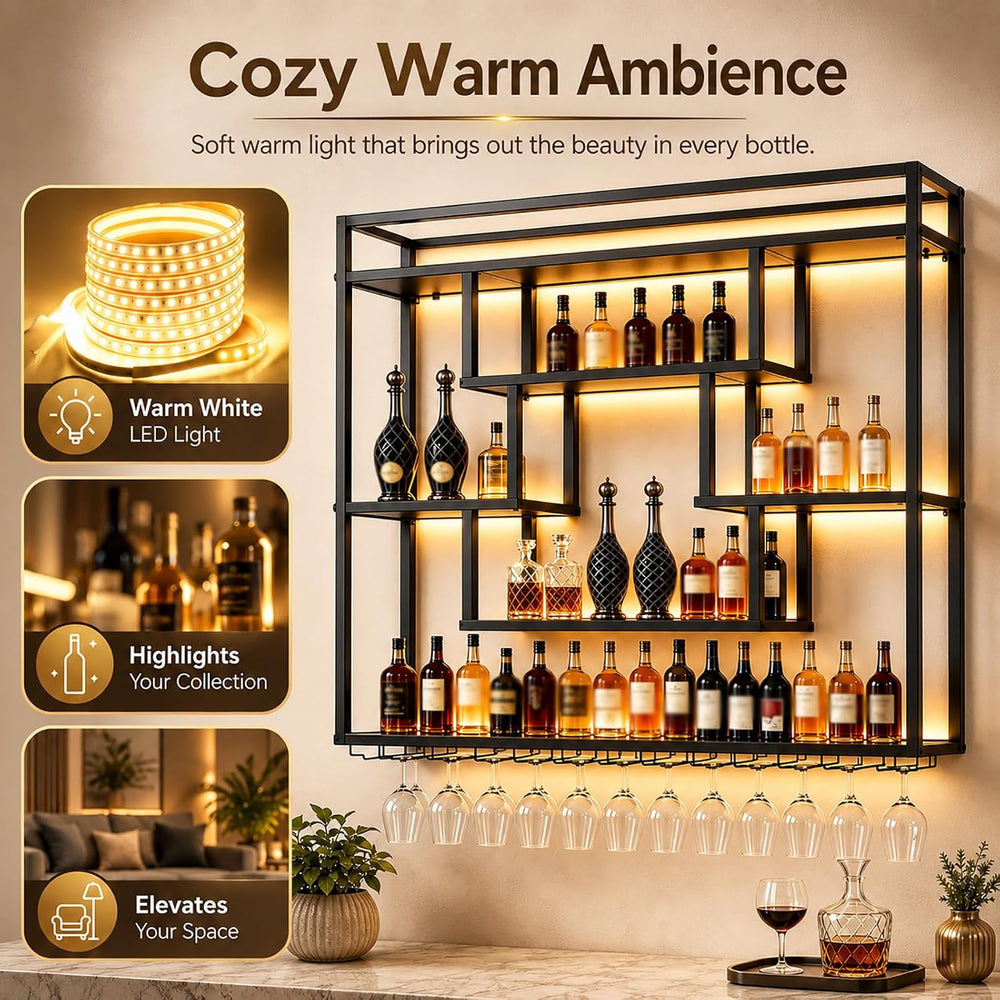 Wall Mounted Wine Rack with LED Lights, Large Industrial Metal Liquor Bottle ...