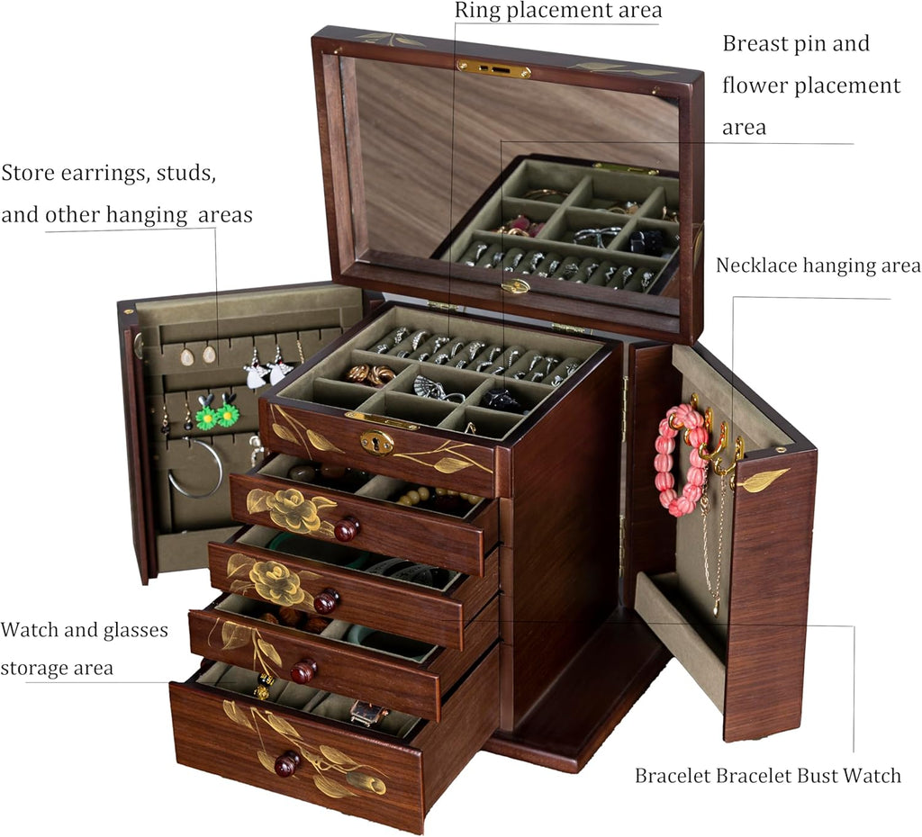 Wooden jewelry case Jewelry Box for Women Large Wood Organizer with Drawers and Mirror for Rings,Earrings, Necklaces,watches,jewelry boxes & organizers, Jewelry Boxes