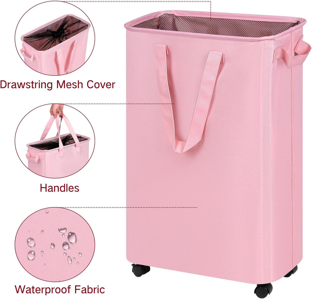 efluky Slim Laundry Hamper with Wheels, Rolling Laundry Basket for Clothes, Small Laundry Basket for Bedroom, Dorm and Laundry Room, 60L (12.7 Gallons) Pink