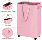 efluky Slim Laundry Hamper with Wheels, Rolling Laundry Basket for Clothes, Small Laundry Basket for Bedroom, Dorm and Laundry Room, 60L (12.7 Gallons) Pink