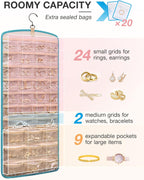 BAGSMART Hanging Jewelry Organizer, Necklace Holder Anti-tangle Earrings Rings Hanger with 20 Jewelry Bags Travel Storage Roll with Pockets Hang on Closet, Wall, Door,1 Piece, Large, Teal
