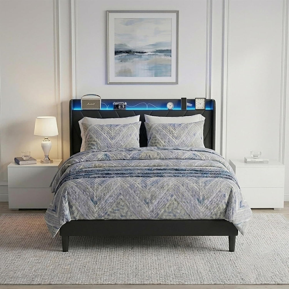 Full Size Bed Frame with Charging Station and LED Lights, Upholstered Wingbac...
