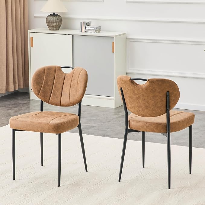 Modern Dining Chairs Set of 2, Brown Dining Chairs for Dining Room and Kitchen,Brown Suede Fabric,Dinning Chair, Precision Stitching, Top Handle, 3.54" Thick Cushion Seat, Metal Legs