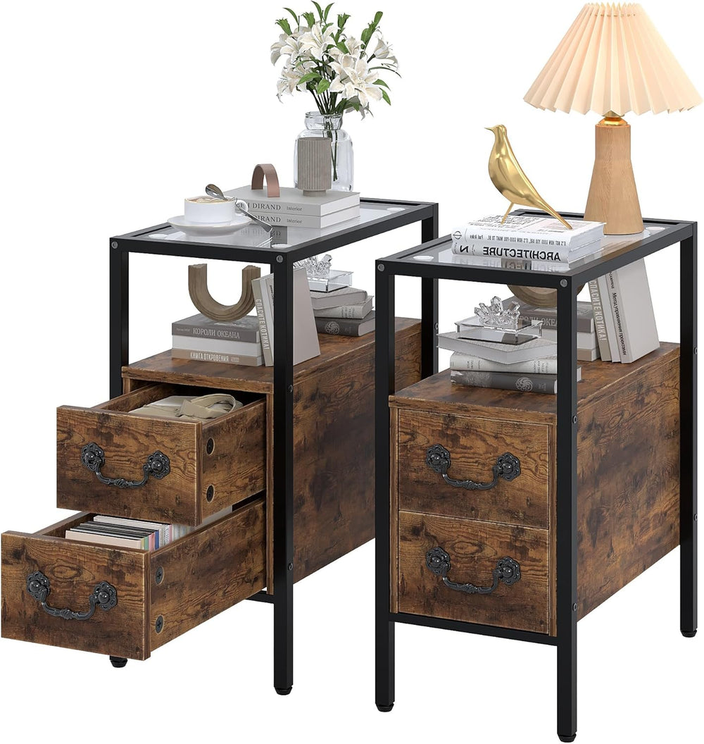 VECELO Narrow Side Table Set of 2, Night Stand Sofa Table with Glass Top,Beds...