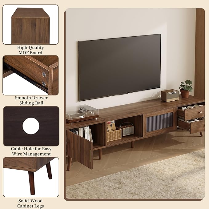Marzzi Mid-Century Modern TV Stand for 85 inches TV, 76" Media Console with Fluted Cabinet Door, Sliding Glass Doors, and 2 Drawers, Entertainment Center with Storage, Solid Wood Legs