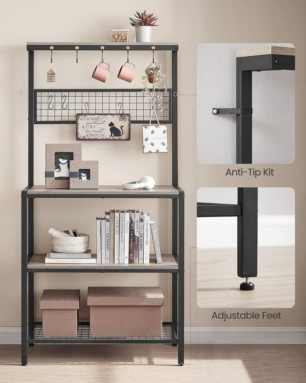 VASAGLE Bakers Rack, Coffee Bar, Kitchen Storage Shelf Rack with 10 Hooks, 3 Shelves, Adjustable Feet, for Microwave Oven, 15.7 x 33.1 x 66.9 Inches, Industrial, Greige and Black UKKS017B02
