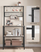 VASAGLE Bakers Rack, Coffee Bar, Kitchen Storage Shelf Rack with 10 Hooks, 3 Shelves, Adjustable Feet, for Microwave Oven, 15.7 x 33.1 x 66.9 Inches, Industrial, Greige and Black UKKS017B02