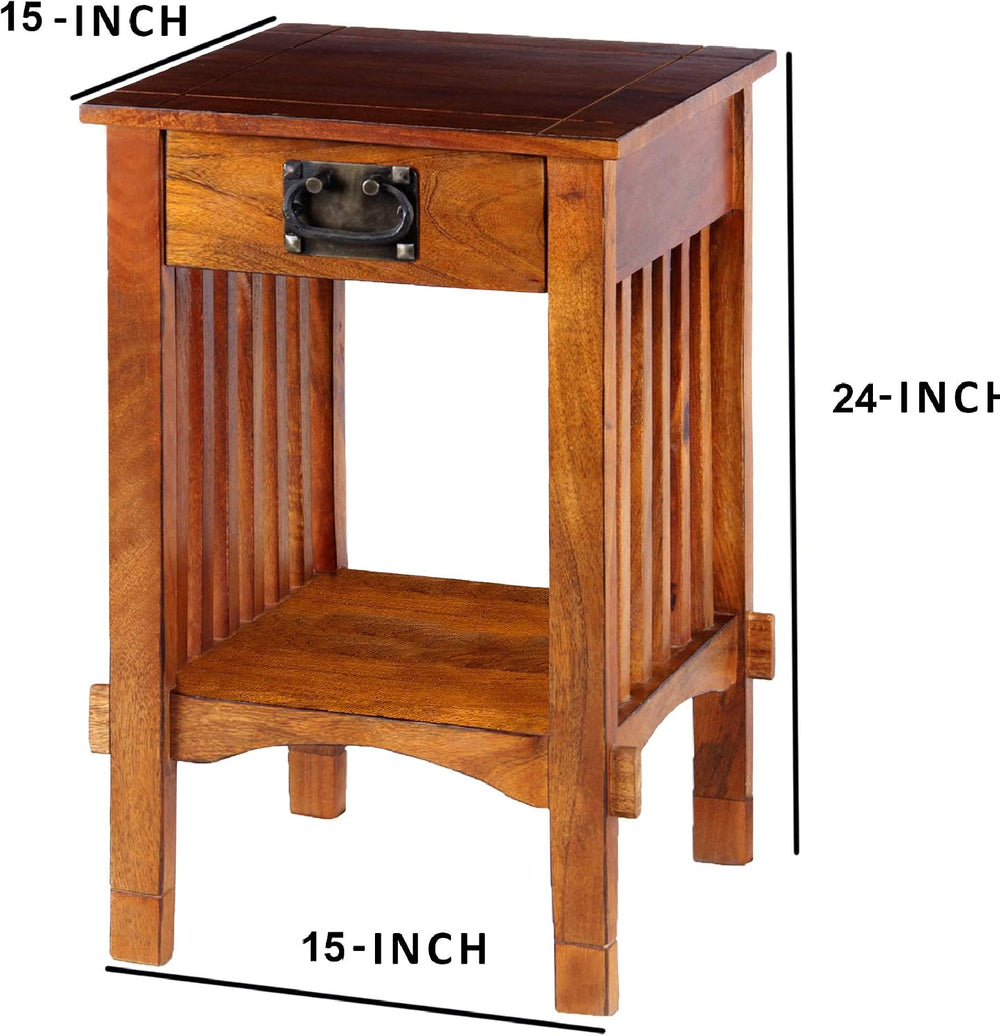 Benjara Spacious Mango Wood Telephone Stand with Slatted Side Panels, Brown