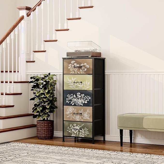 Tohomeor Vintage Dresser Vertical Nightstand with Neutral Botanical Plant Fab...