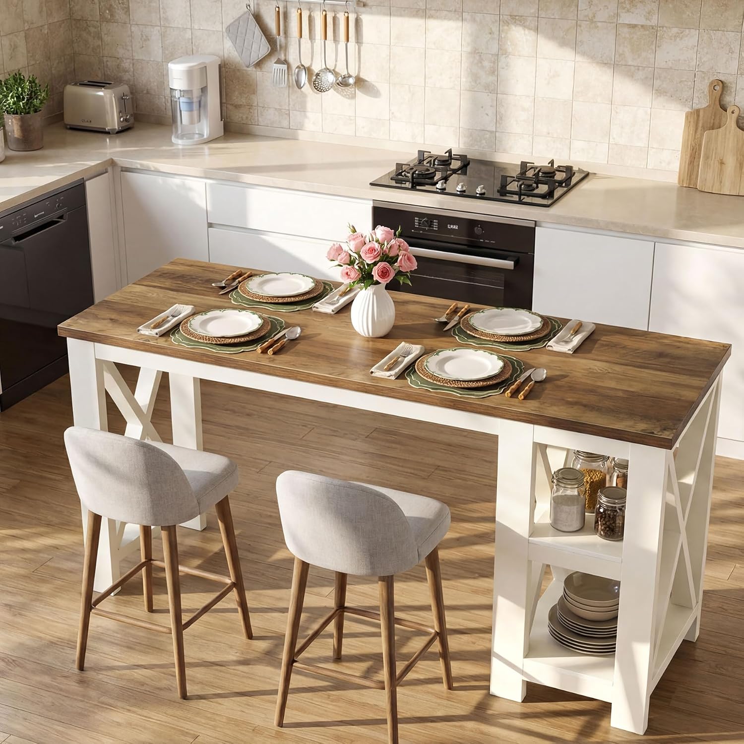 Tribesigns 62" Kitchen Island with Storage, Stationary Island Table | 2-Tier Open Storage Shelves, X-Frame Structure, Counter Height Table for Kitchen, Dining Room, Rustic Brown & White