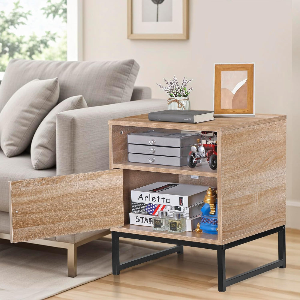 Nightstands End Table, PE Rattan Decor Drawer Opening Shelf, Set of 2 Bed Sid...