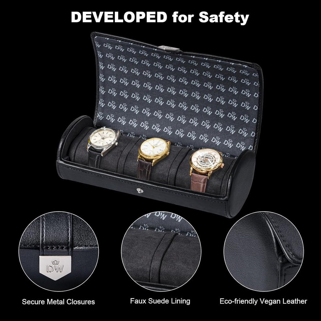 DUKWIN Watch Roll for 3 Watches,Vegan Leather Travel Watch Case Organizer with Removable Pillows for Men and Women,Display Case for Watches Collection and Gift for Anniversary Birthday(Black Storage)