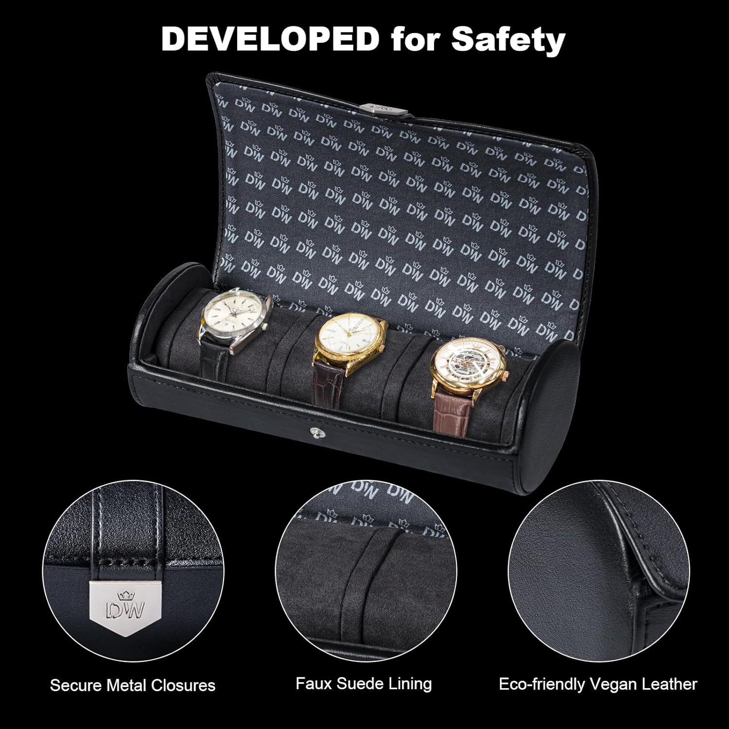 DUKWIN Watch Roll for 3 Watches,Vegan Leather Travel Watch Case Organizer with Removable Pillows for Men and Women,Display Case for Watches Collection and Gift for Anniversary Birthday(Black Storage)
