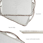 LEHAHA Vintage White Large Serving Tray with Handles, 17.25x12 inch, Set of 2 Melamine Platters for Serving Food, Turkey, Cookie, Rectangular Trays for Eating, Crackled Finish with Rustic Raised Rim.