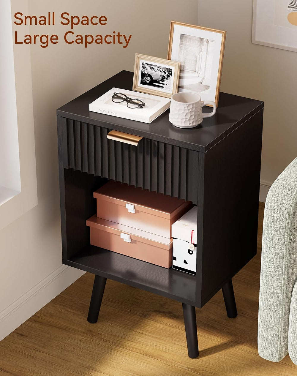 YMYNY Mid Century Modern Nightstand Set of 2, Side Table with Fluted Drawer, ...