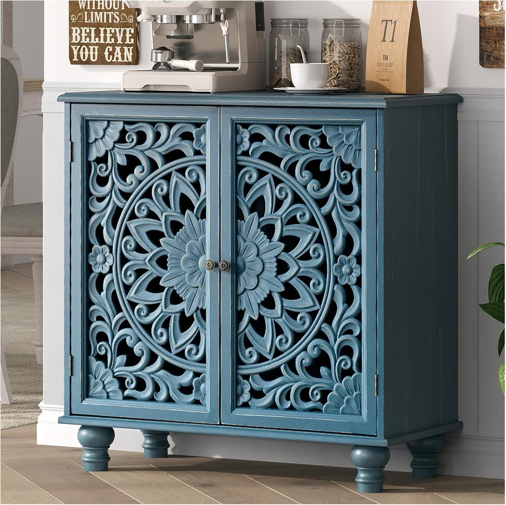 JOINICE 31" Accent Storage Cabinet with Carved Doors,Mandala Blue | Carved Floral Design, Solid Wood Legs, Versatile Storage for Living Room & Bedroom & Hallway, Adjustable Shelf, Easy Assembly