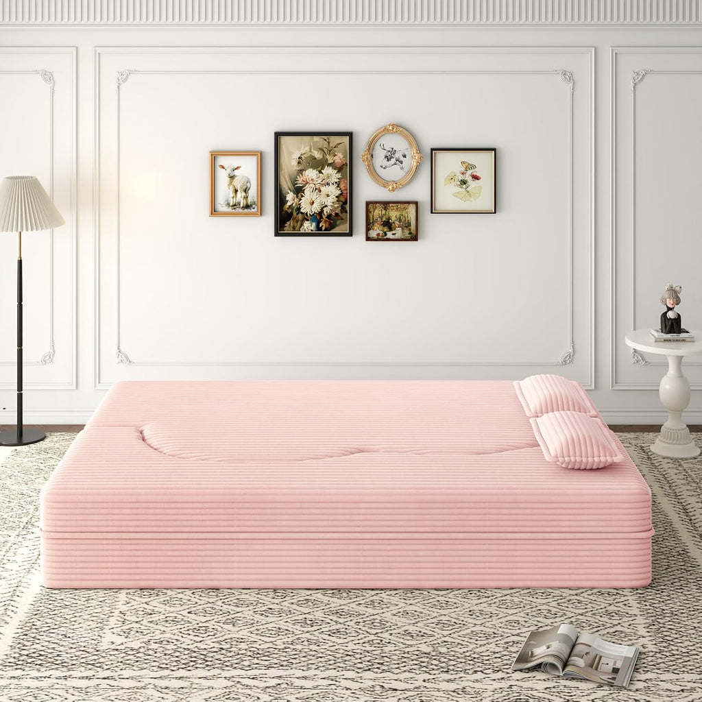 2 in 1 Convertible Folding Sofa Bed, Plush Corduroy Lazy Lounge Sofabed, Foam Folding Floor Sofa Bed, 78" Full Size Memory Foam Couch for Living Room Guestroom, No Assembly Sofabed (Baby Pink)