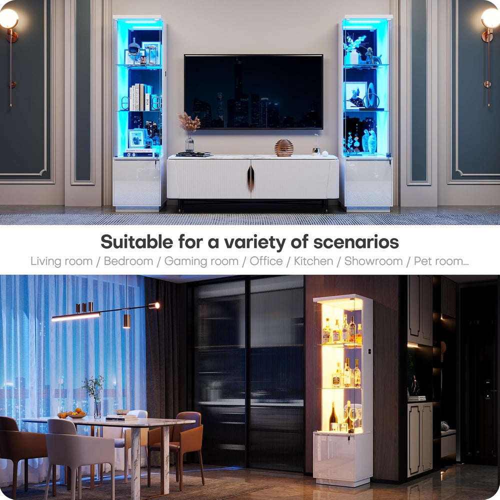 WOOVIVS 64.9" Glass Display Cabinet with Lock & 3-Color LED Lights, ...