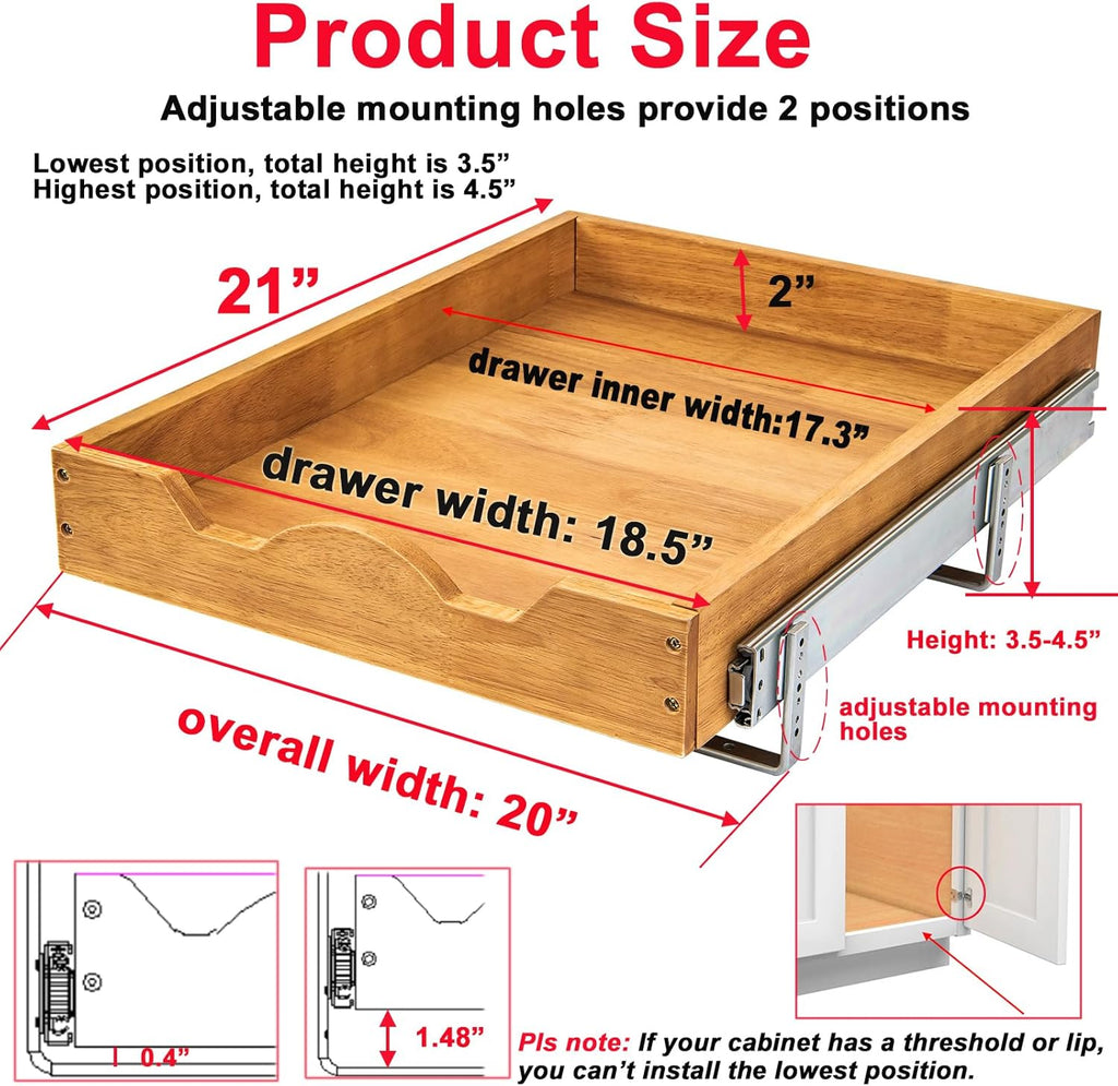 DINDON 1 Tier Pull Out Cabinet Organizer (20" W x 21" D) Single Tier Heavy Duty Slide Out Wood Drawer Under Sink Shelf Organization Storage