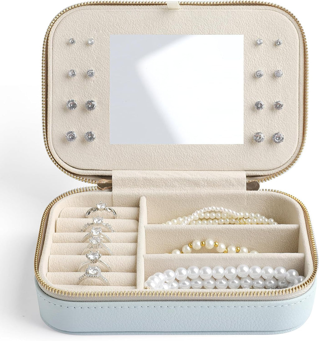 Genuine Leather Travel Jewelry Organizer Case with Mirror for Women, Small Mini Portable Jewelry Box for Ring Earrings Necklace Bracelet Luxury Gift for Women（Mint Green）