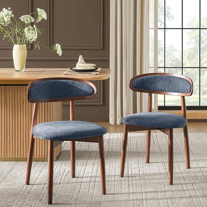 HULALA HOME Dining Chairs Set of 2 Mid-Century Modern Fabric Upholstered Dining Room Chairs Kitchen Side Chair with Open Curved Back, Walnut Rubber Wood Legs, Dinner Chairs for Living Room, Admiral