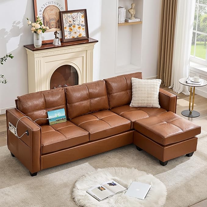 TYBOATLE Brown Sofa Couch Sectional Couches for Living Room, Comfy Faux Leather Modular Convertible L Shaped Sofas with USB & Ottoman, Leather Sectional with Side Pockets for RV Apartment Office