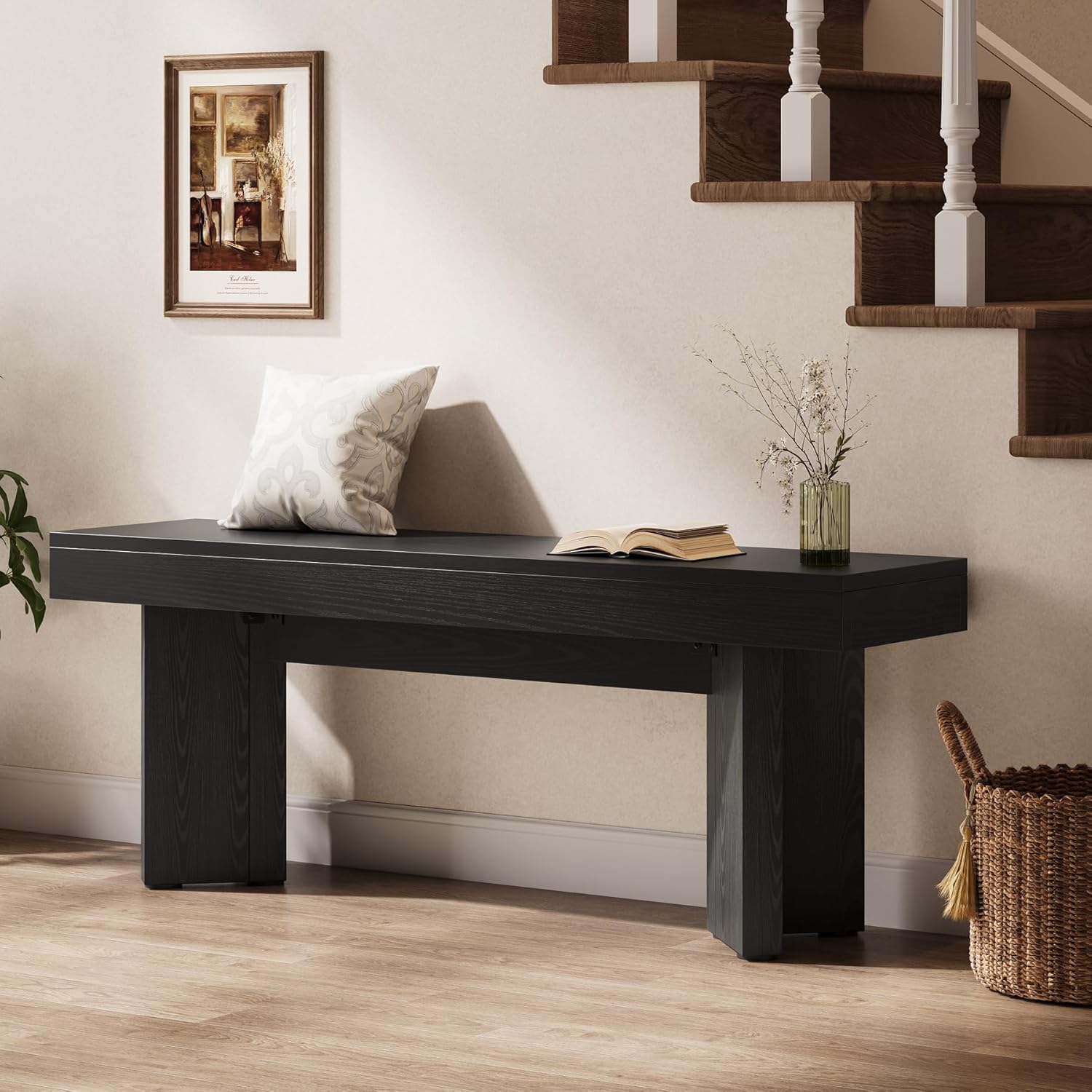 Tribesigns 47" Wooden Entryway Bench | Farmhouse Indoor End of Bed Bench, Long Table Benches Seat for Bedroom, Hallway, Foyer, End of Bed (Black)