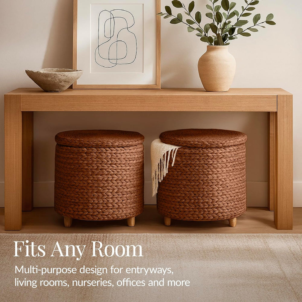 Best Choice Products 17" Round Storage Ottoman W/Lid, Handwoven Water Hy...