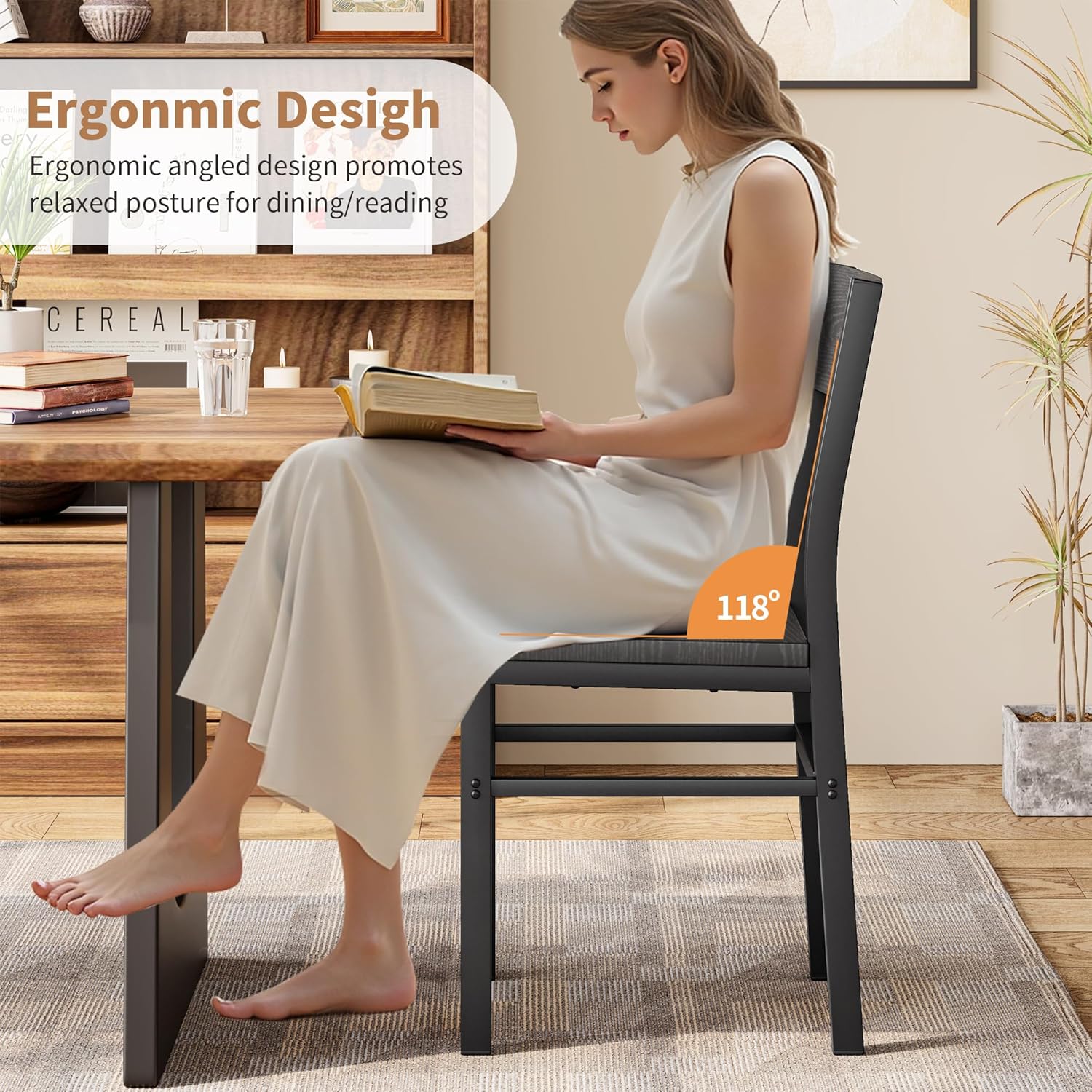 MECHYIN Dining Chairs Set of 4, Rustic Wood Dining Room Chairs with Thickened and Strengthened Metal Steel Frame & Slat Back, Modern Farmhouse Chair for Kitchen, Dining Room (4, Dark Black)
