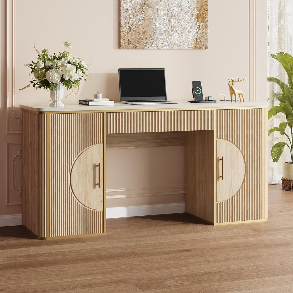 60" Fluted Computer Desk, Wooden Long Home Office Writing Desk with Draw...