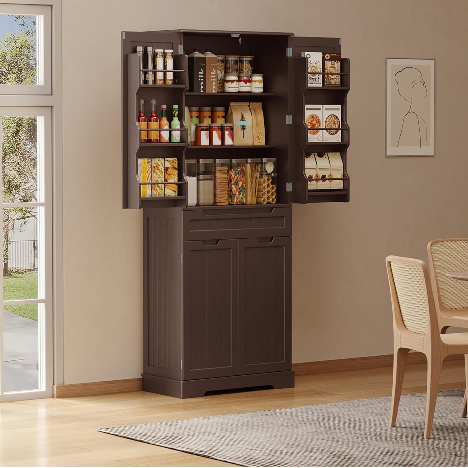 Gizoon 71" Tall Kitchen Pantry Cabinet with Doors and Adjustable Shelves, Pantry Storage Cabinet with Drawer for Small Kitchen Bathroom Laundry Room, Painted Dark Brown