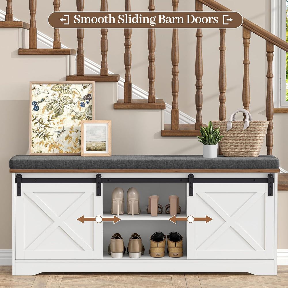 Farmhouse Storage Bench with Cushion, 47.2" Shoe Bench with Slide Barn D...
