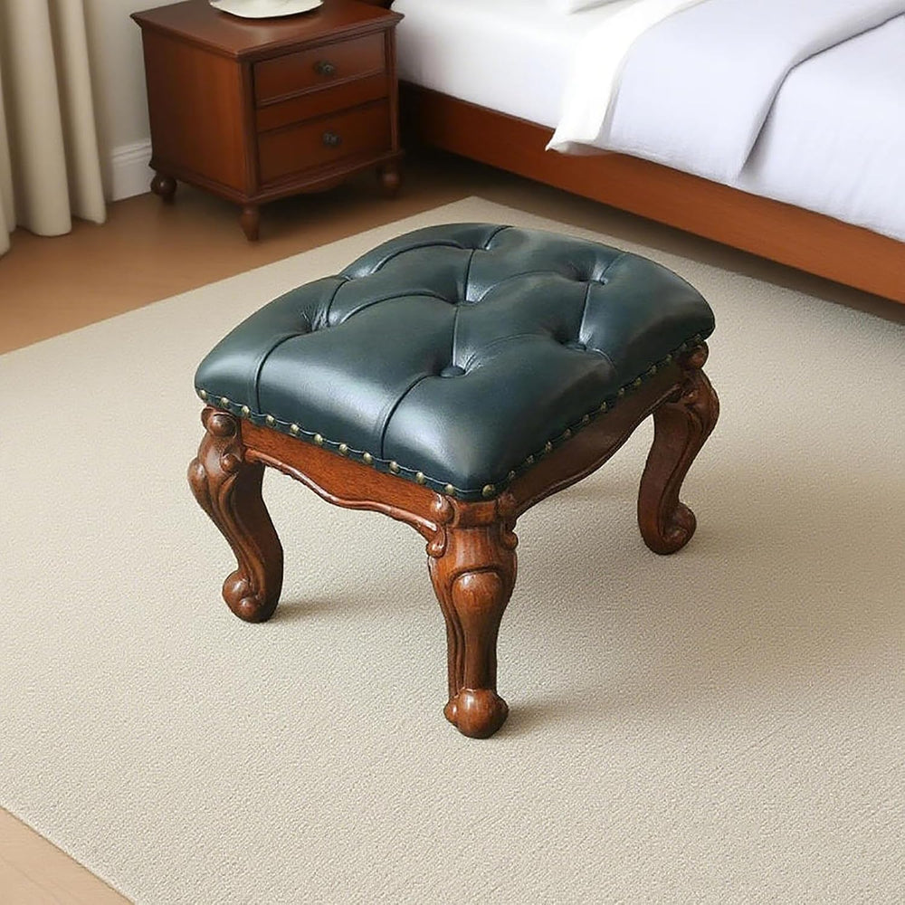 Leather Foot Stool,Vintage Footstools,Wooden Footrest,Upholstered Foot Rest f...
