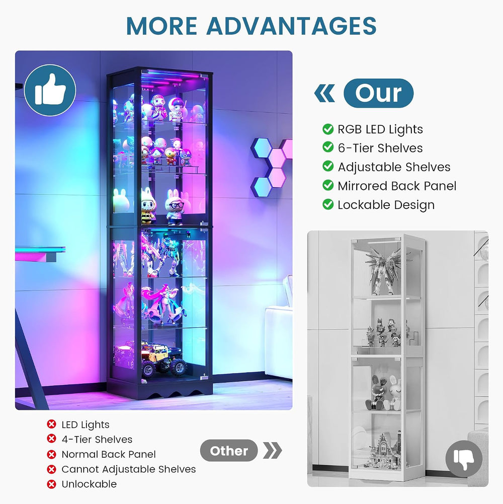 Dystler Display Cabinet with Glass Doors, 6 Tier RGB Lights Curio Cabinet | A...