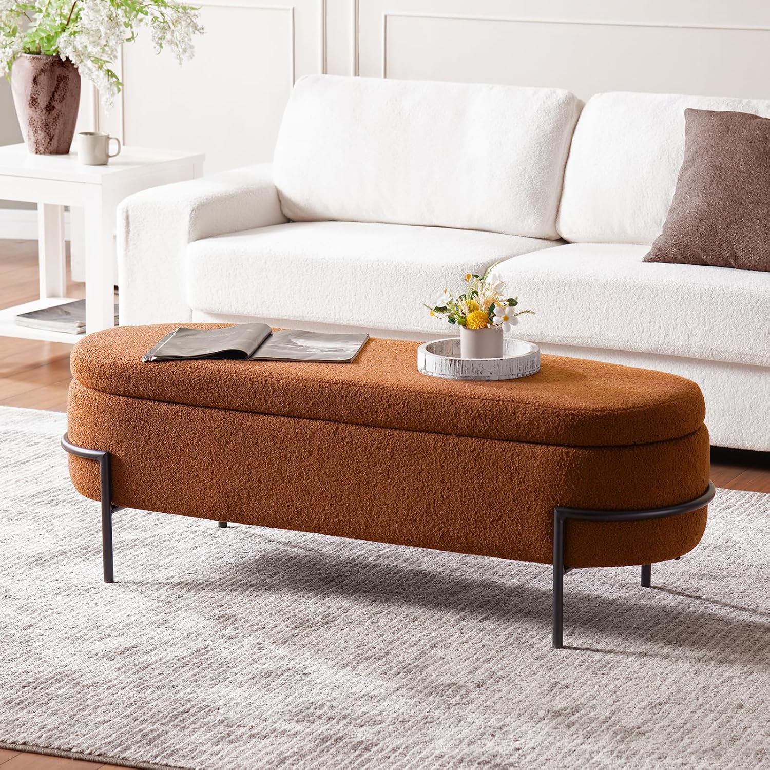 FiveWillowise 45 Inch Sherpa Storage Ottoman Bench,End of Bed Bench | Upholstered Boucle Storage Bench with Storage,Metal Stand and Hinges,Oval Ottomans for Living Room,Bedroom,Brown