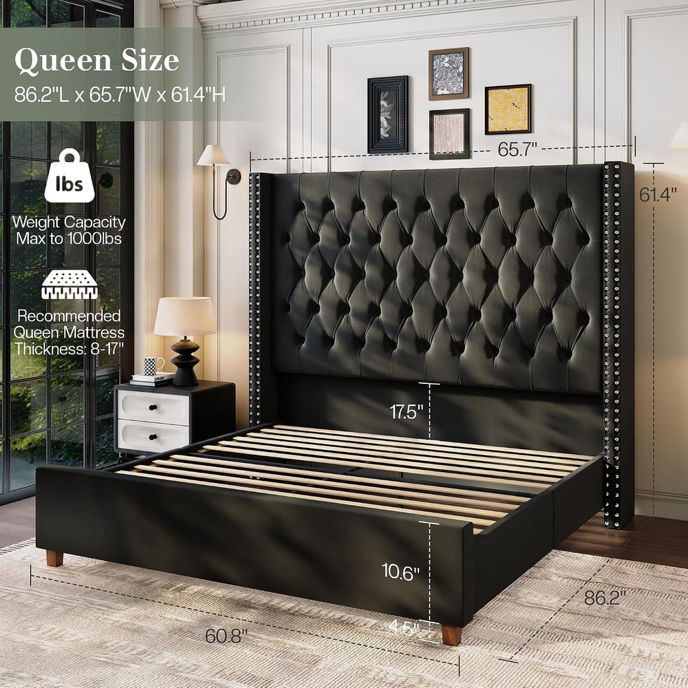 Jocisland Queen Bed Frame 61.4" Tall Headboard Velvet upholstered,Black