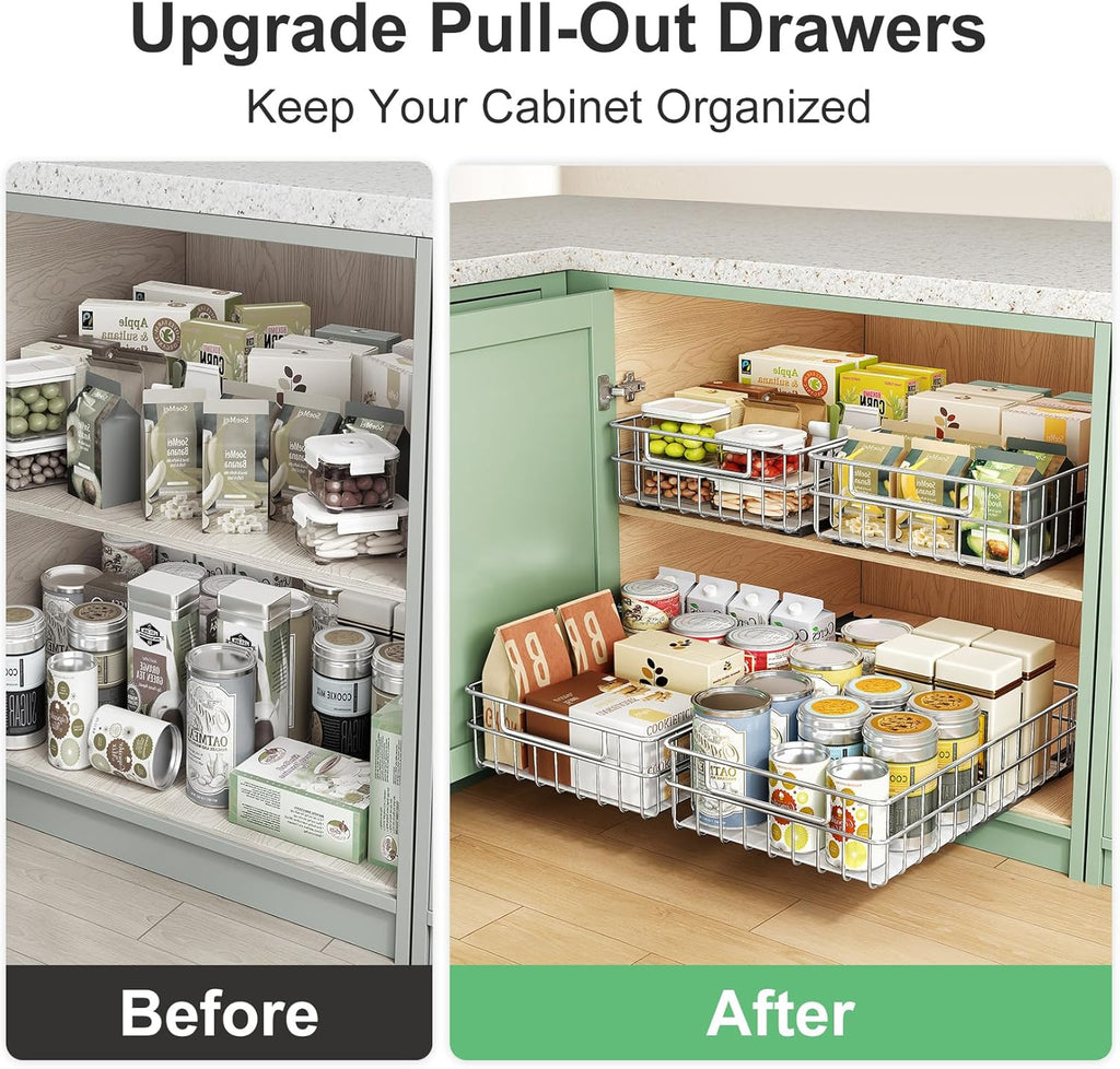 Pull out Cabinet Organizer, Stainless Steel 2-Pack Slide out Drawer with Silent Full-Extension Slides, Adhesive Roll out Can Spice Storage Basket Shelf Rack for Pantry, Kitchen, Bathroom, Home Closet