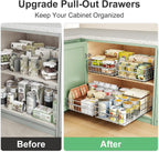 Pull out Cabinet Organizer, Stainless Steel 2-Pack Slide out Drawer with Silent Full-Extension Slides, Adhesive Roll out Can Spice Storage Basket Shelf Rack for Pantry, Kitchen, Bathroom, Home Closet