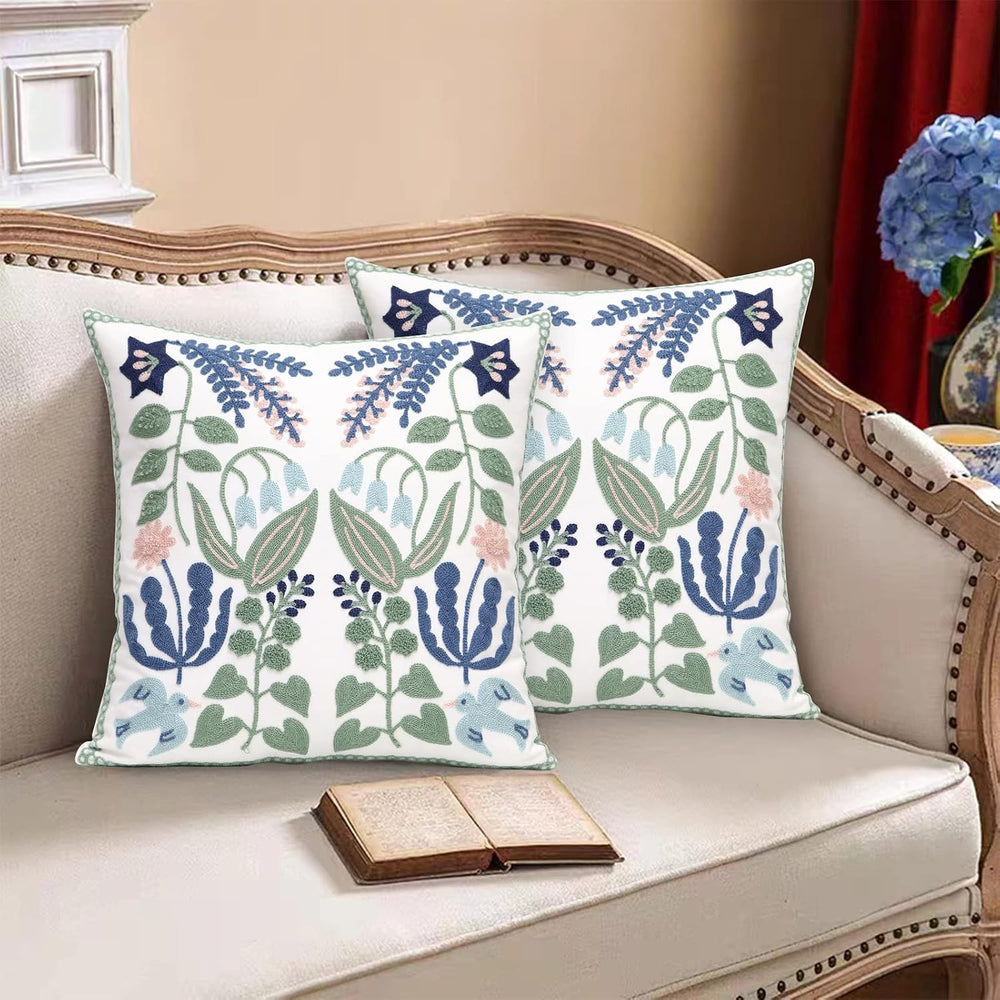 Pack of 2 Embroidered Decorative Throw Pillow Cover 18x18 Inch Farmhouse Flor...