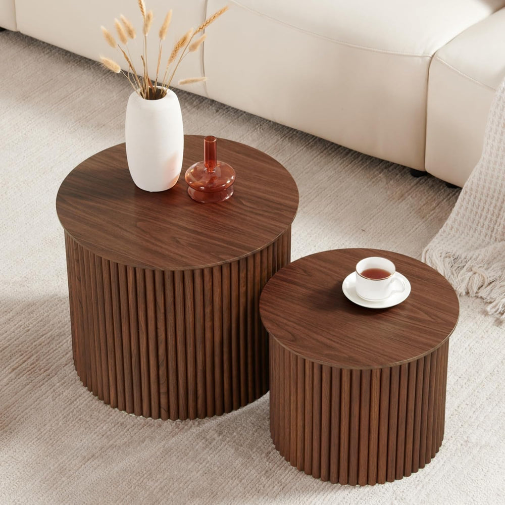 Small Fluted Round Nesting Coffee Table Set of 2, Mid Century Modern Coffee T...