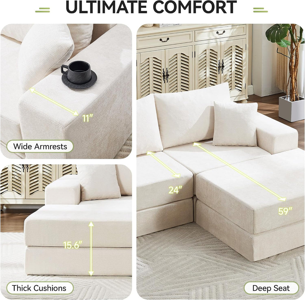 79" Boneless Cloud Loveseat Sofa Couch, Modular Foldable Floor Sofa with Ottoman, Chenille Lounge Convertible Sofa Bed for Living Room, No Assembly, Beige