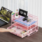 Marbrasse Desk Organizer and Accessories4-Tier Paper File Letter Tray Accessories & Workspace Desk Organizers with Drawer and 2 Pen Holders for School Home Office Supplies(Pink)
