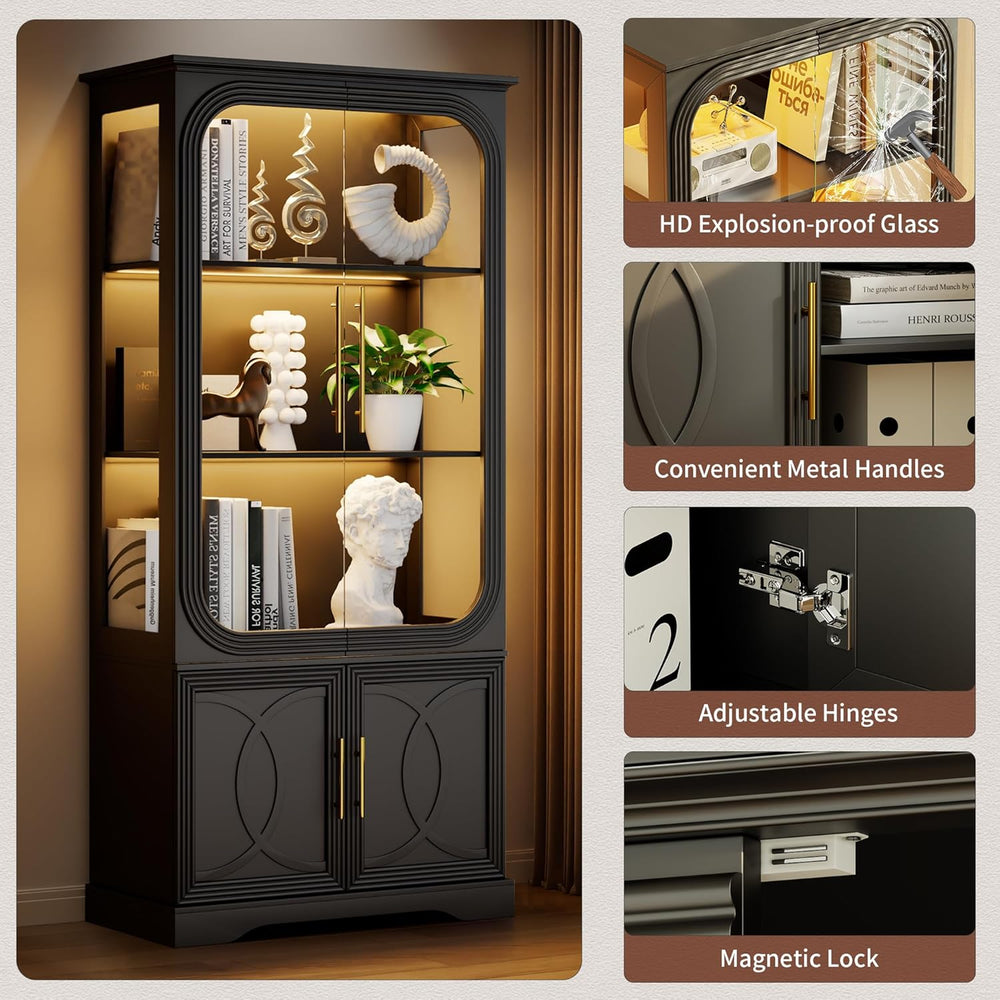 69" Tall Display Cabinet with Glass Doors, Curio Cabinet with 3 LED Ligh...