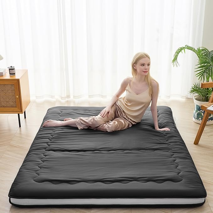 Japanese Floor Mattress, Full Size Futon Mattress, 4" Thicken Tatami Mat Sleeping Pad Foldable Roll Up Mattress for,Camping Couch (Black, 54" x 80")