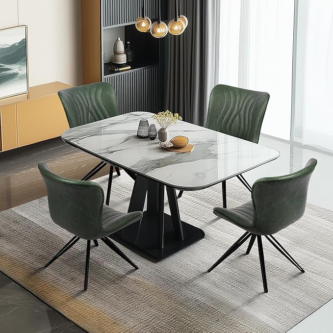 Dining Chairs Set of 2, 360° Swivel Armless Faux Leather Accent Chairs with Padded Back and Metal Legs, Mid-Century Modern Kitchen, Dining Room, Living Room, Bedroom Green